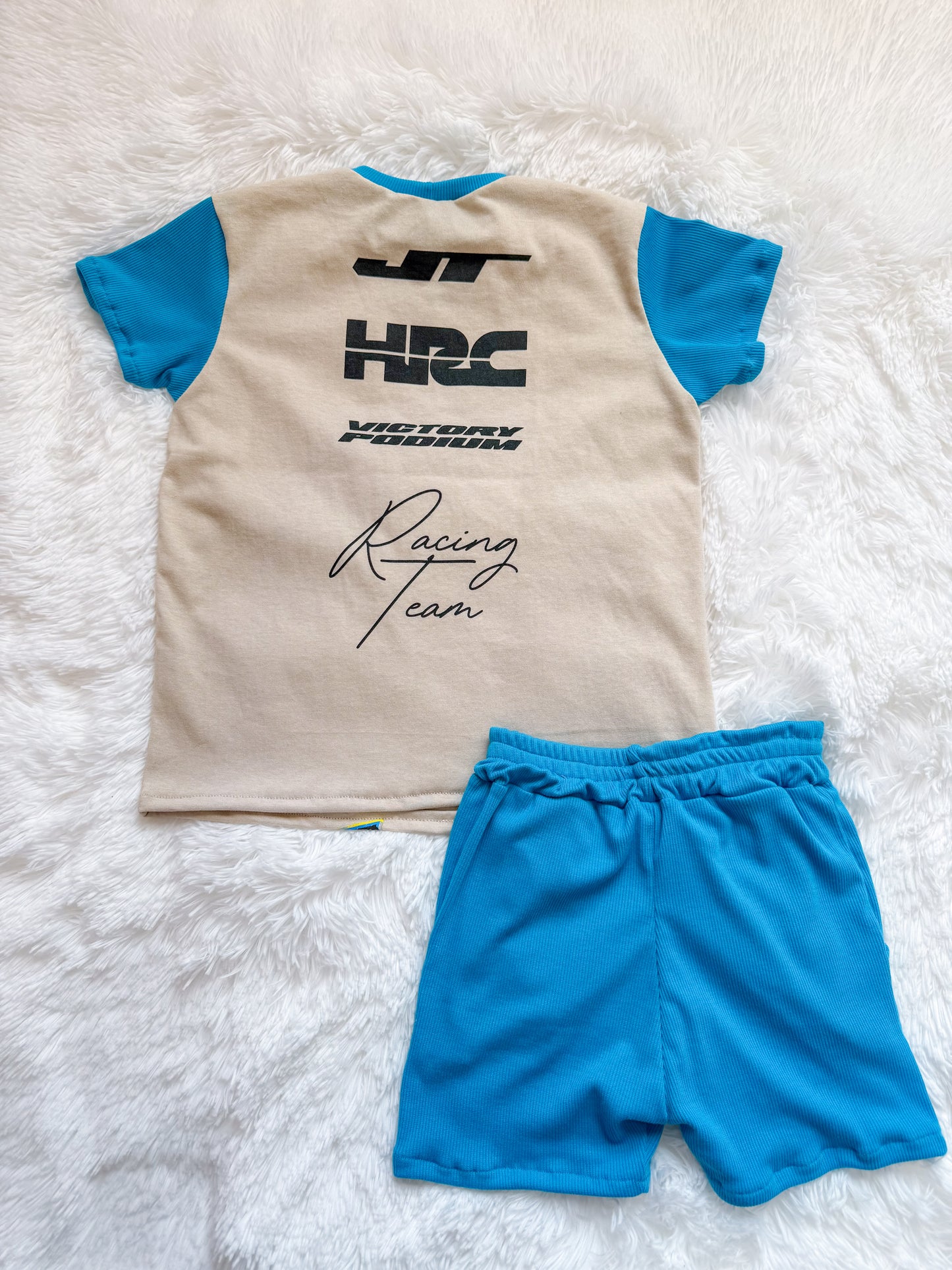 Size 6/7 Blue Dirt Bike upcycle tee and shorts