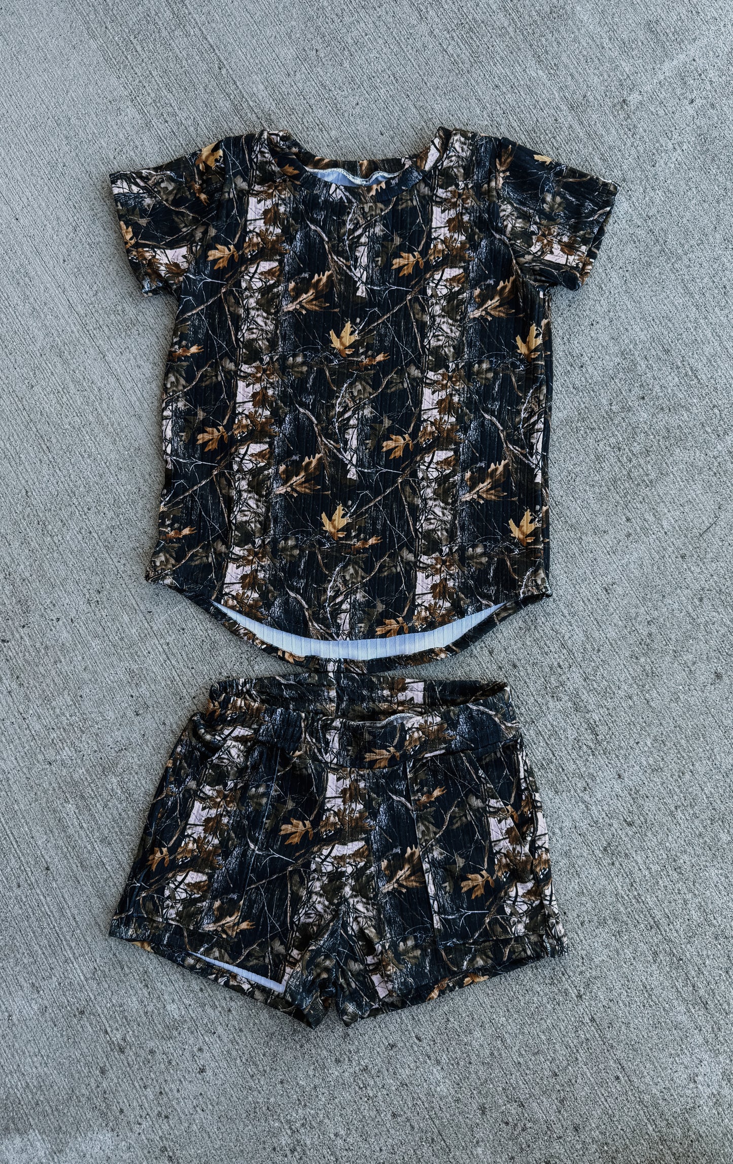 Camo Curved Hem Tee and Shorts