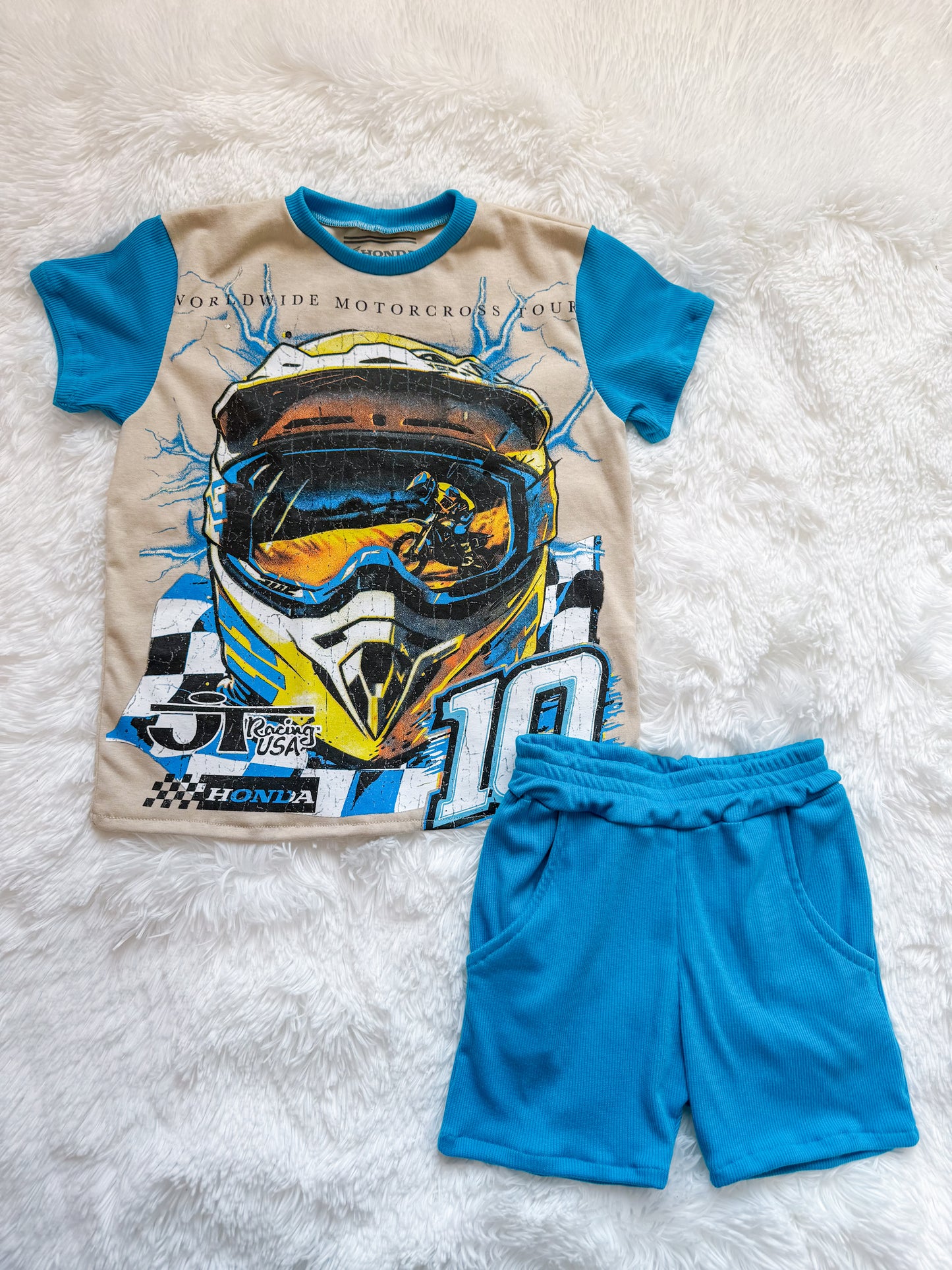 Size 6/7 Blue Dirt Bike upcycle tee and shorts