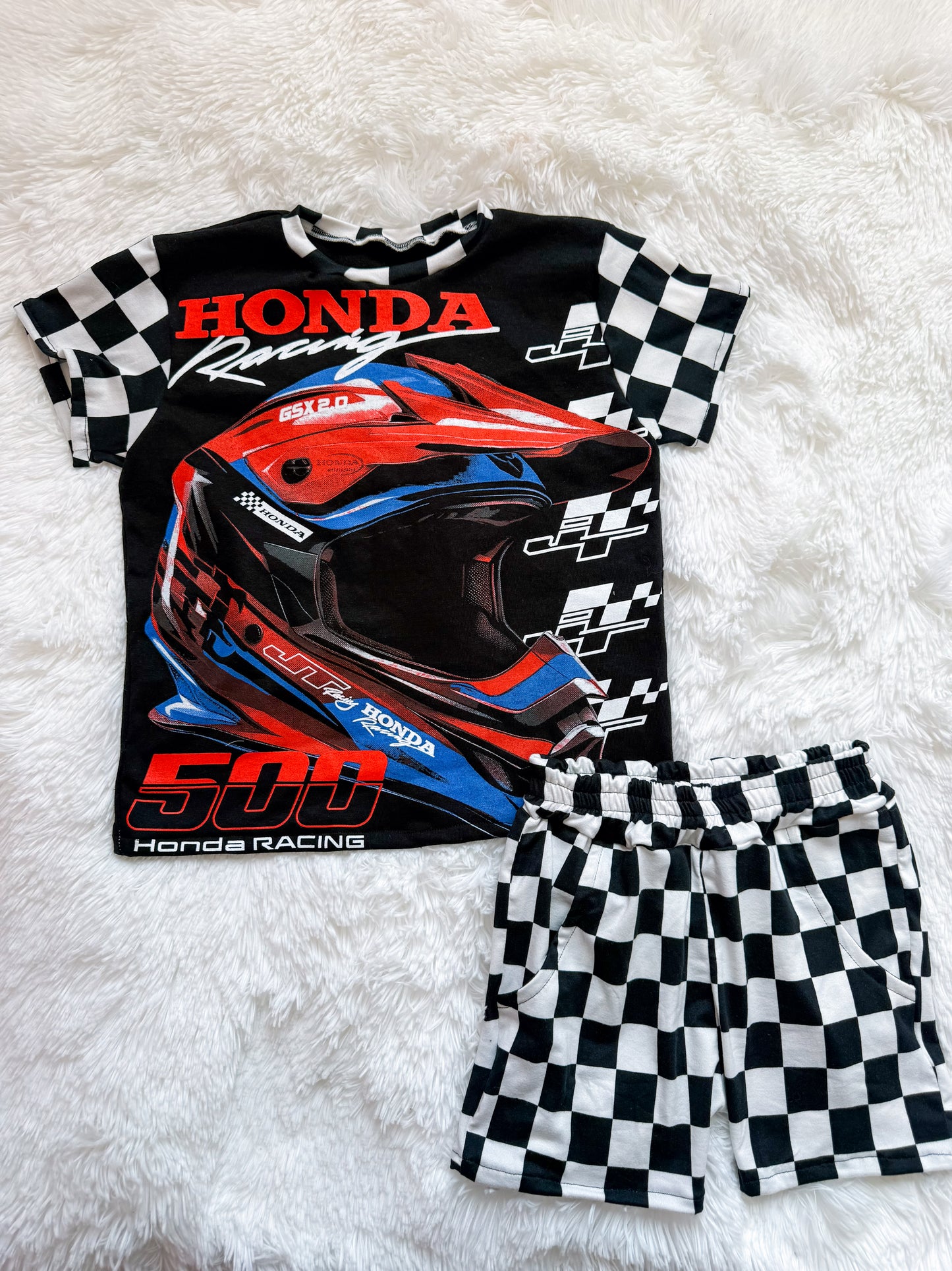 5T Checkered Red Dirt Bike upcycle tee and shorts