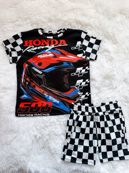 5T Checkered Red Dirt Bike upcycle tee and shorts