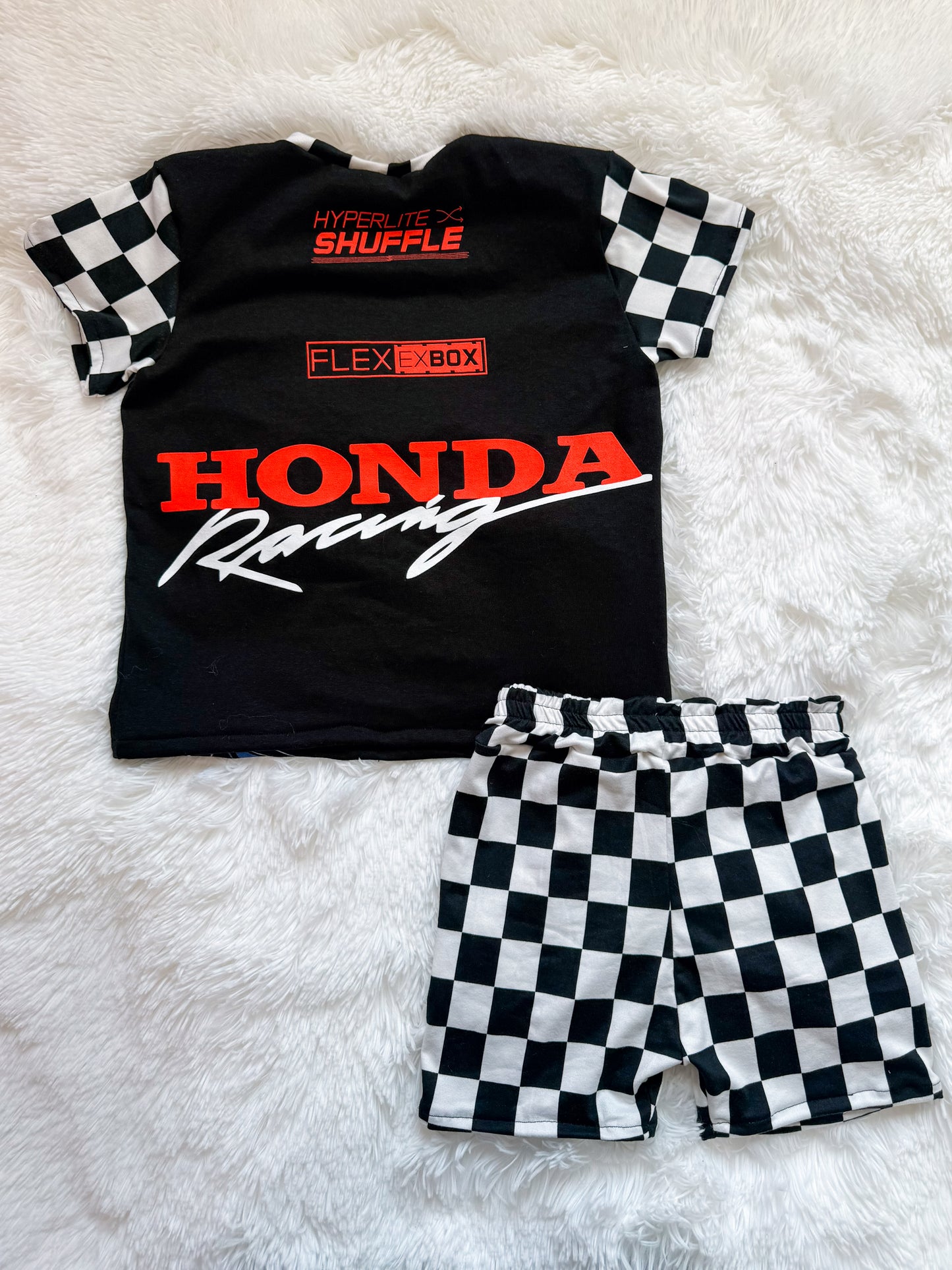 5T Checkered Red Dirt Bike upcycle tee and shorts