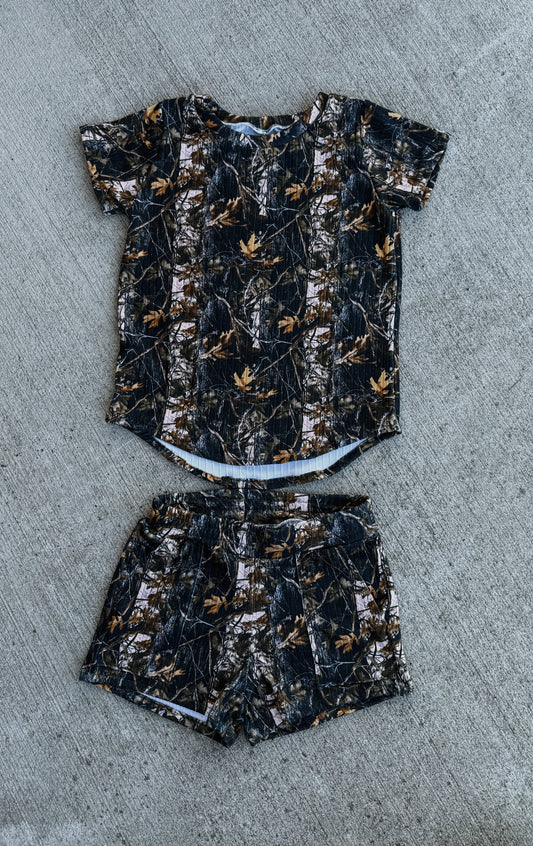 Camo Curved Hem Tee and Shorts