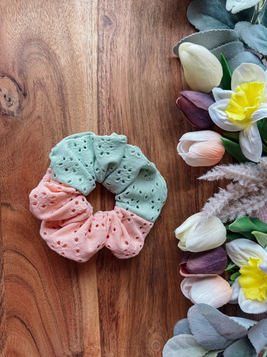 Pastel Orange/Green Eyelet Large Scrunchie