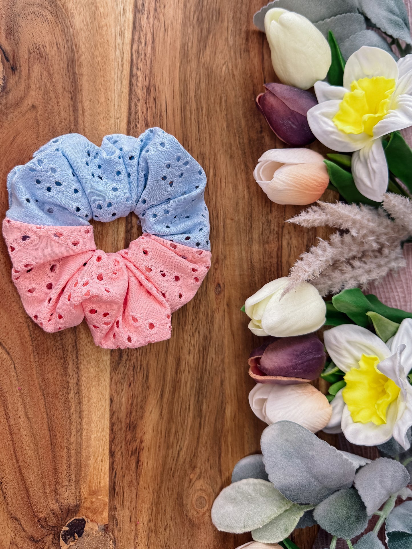 Pastel Pink/Blue Eyelet Large Scrunchie