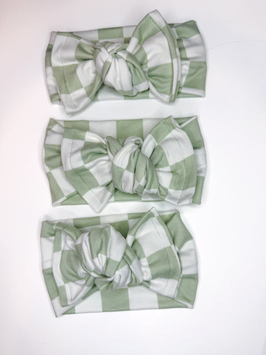 Checkered Green and white Knotted Headwrap
